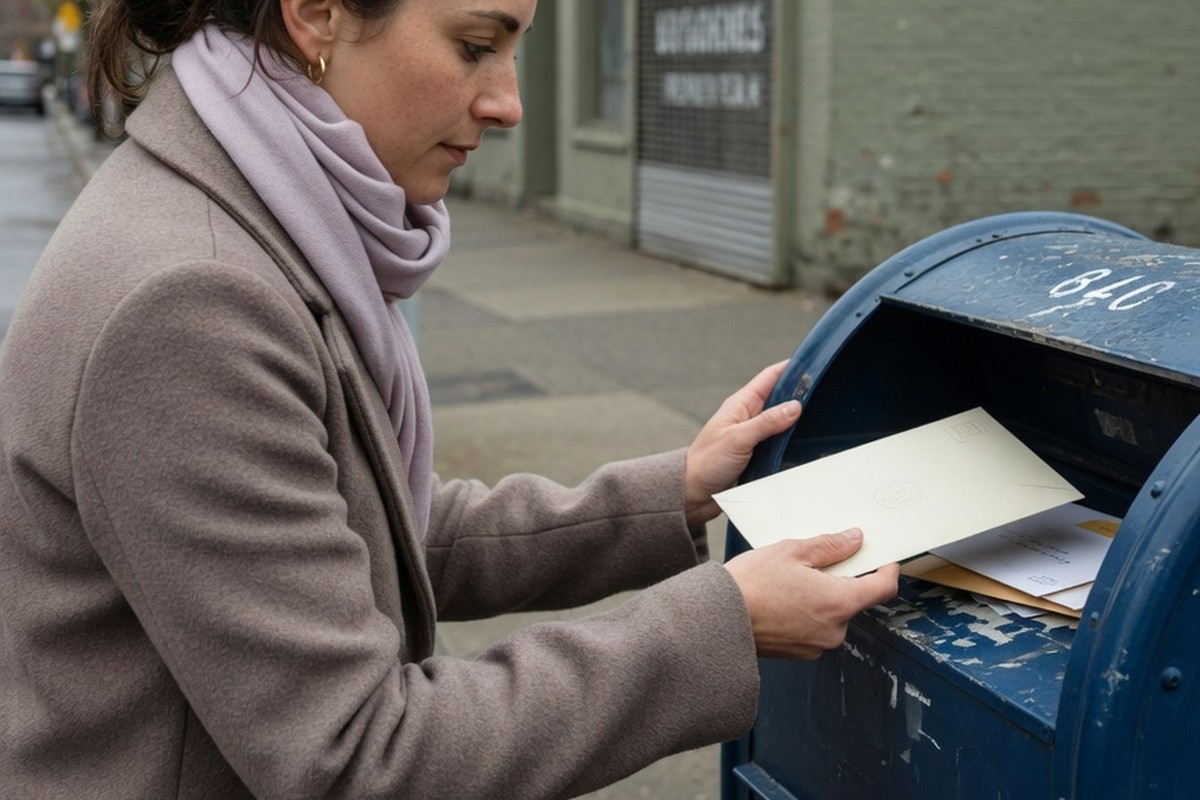 Femme insérant une enveloppe scellée dans une boîte aux lettres urbaine