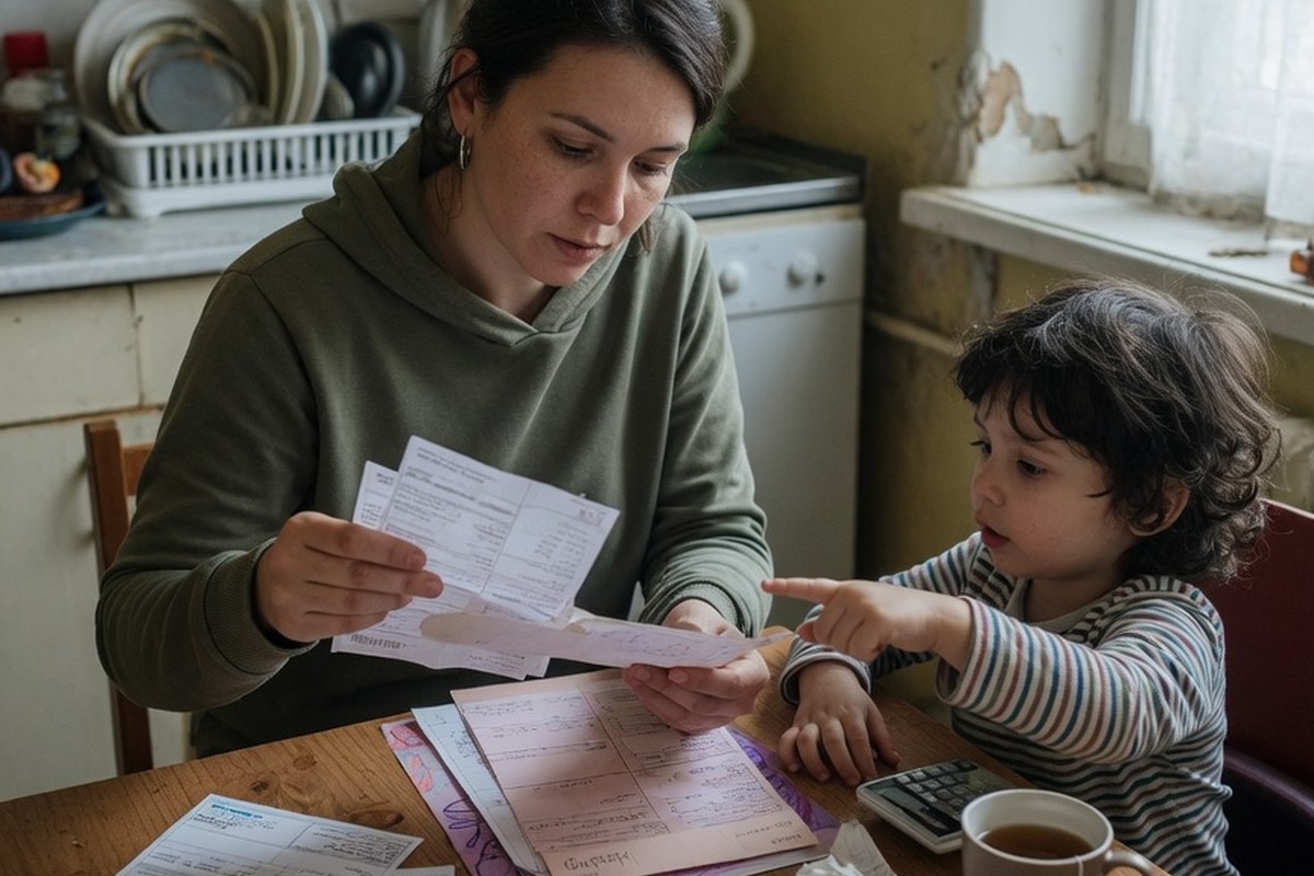 Femme triant bulletins de paie et factures avec enfant à table