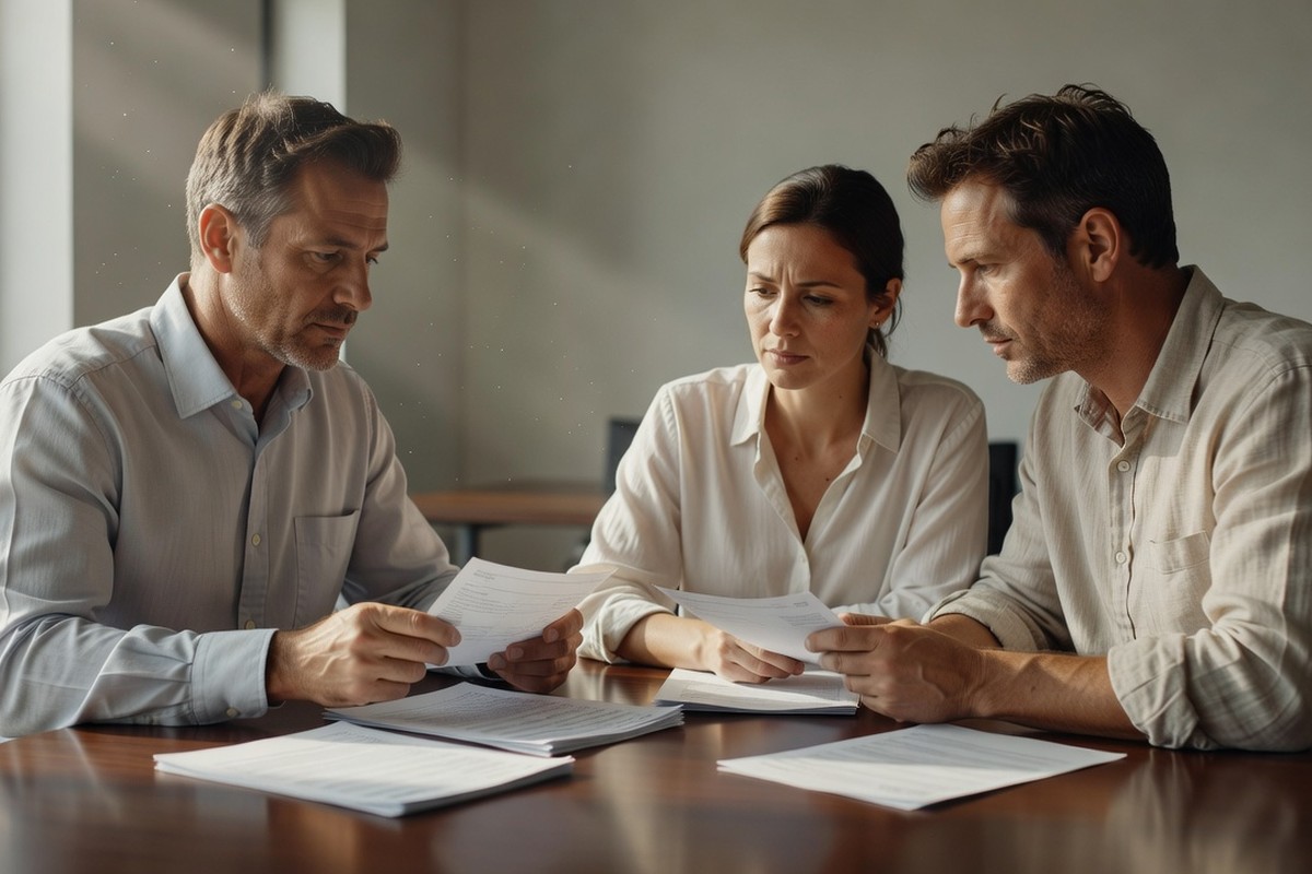 Banquier examinant des fiches de paie avec un couple