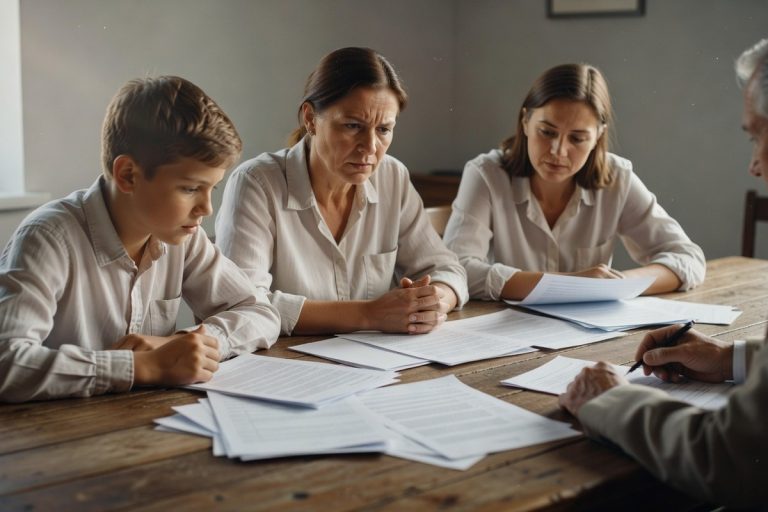 Mère et enfants discutant de succession avec un notaire