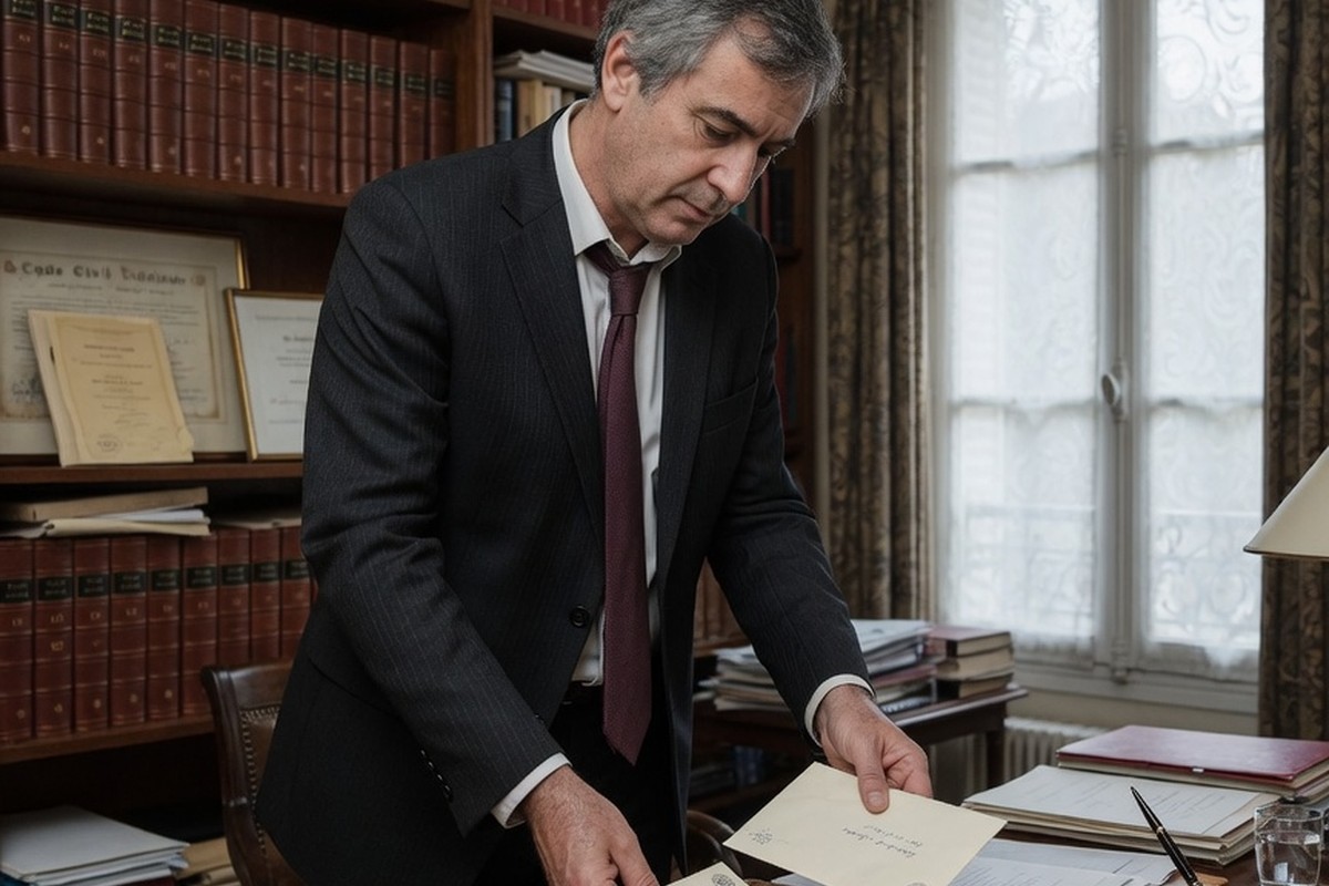 Commissaire de justice plaçant des enveloppes scellées sur un bureau