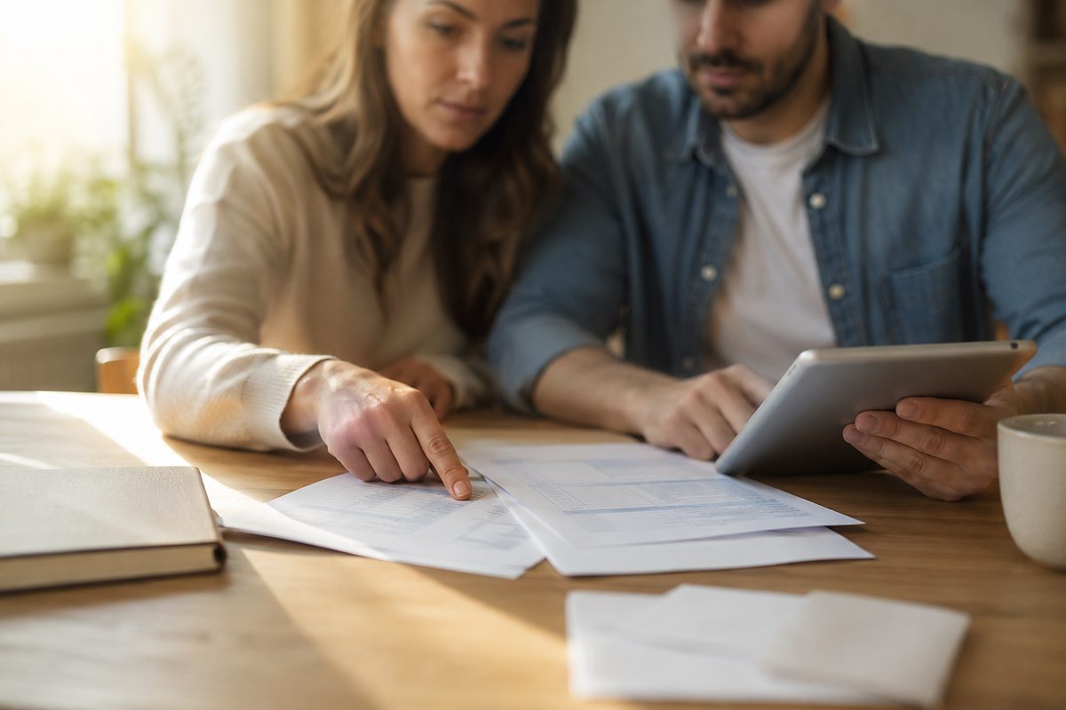 Couple comparant deux contrats d'assurance emprunteur à la table du salon