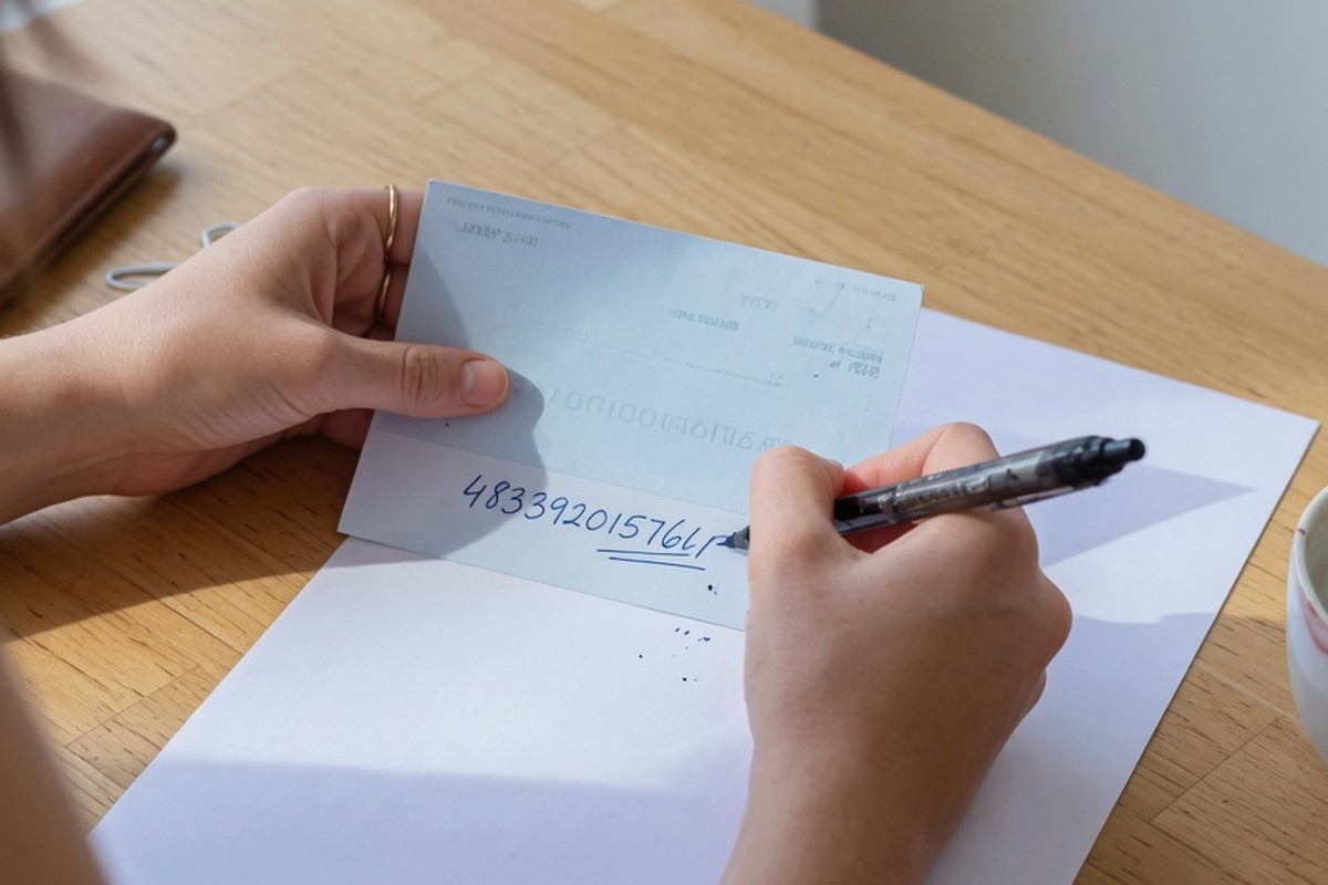 Jeune femme inscrivant sa signature au dos d'un chèque sur une table en bois
