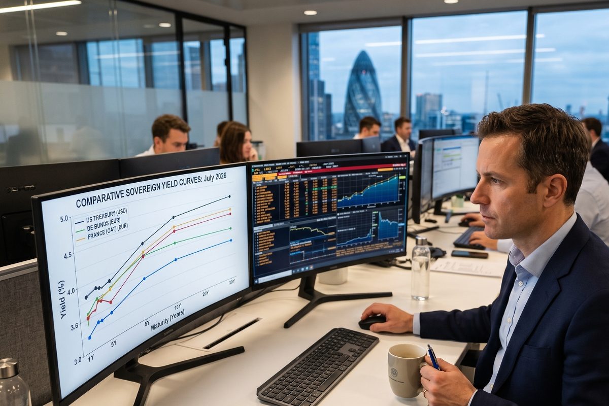 Un analyste financier en costume analyse des courbes de rendement souveraines comparatives pour Juillet 2026 sur deux moniteurs d'ordinateur dans un bureau d'entreprise moderne à Londres au crépuscule.