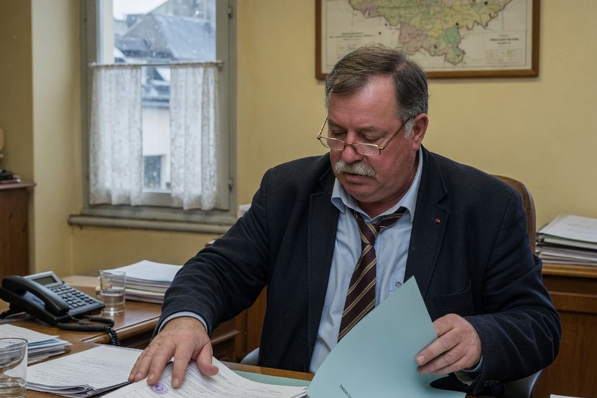 Maire examinant des papiers dans un bureau de mairie éclairé naturellement.
