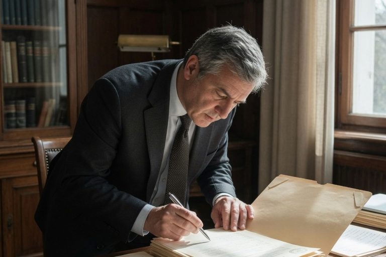 Notaire examinant des documents sur un bureau en bois