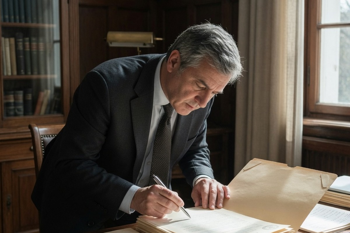 Notaire examinant des documents sur un bureau en bois