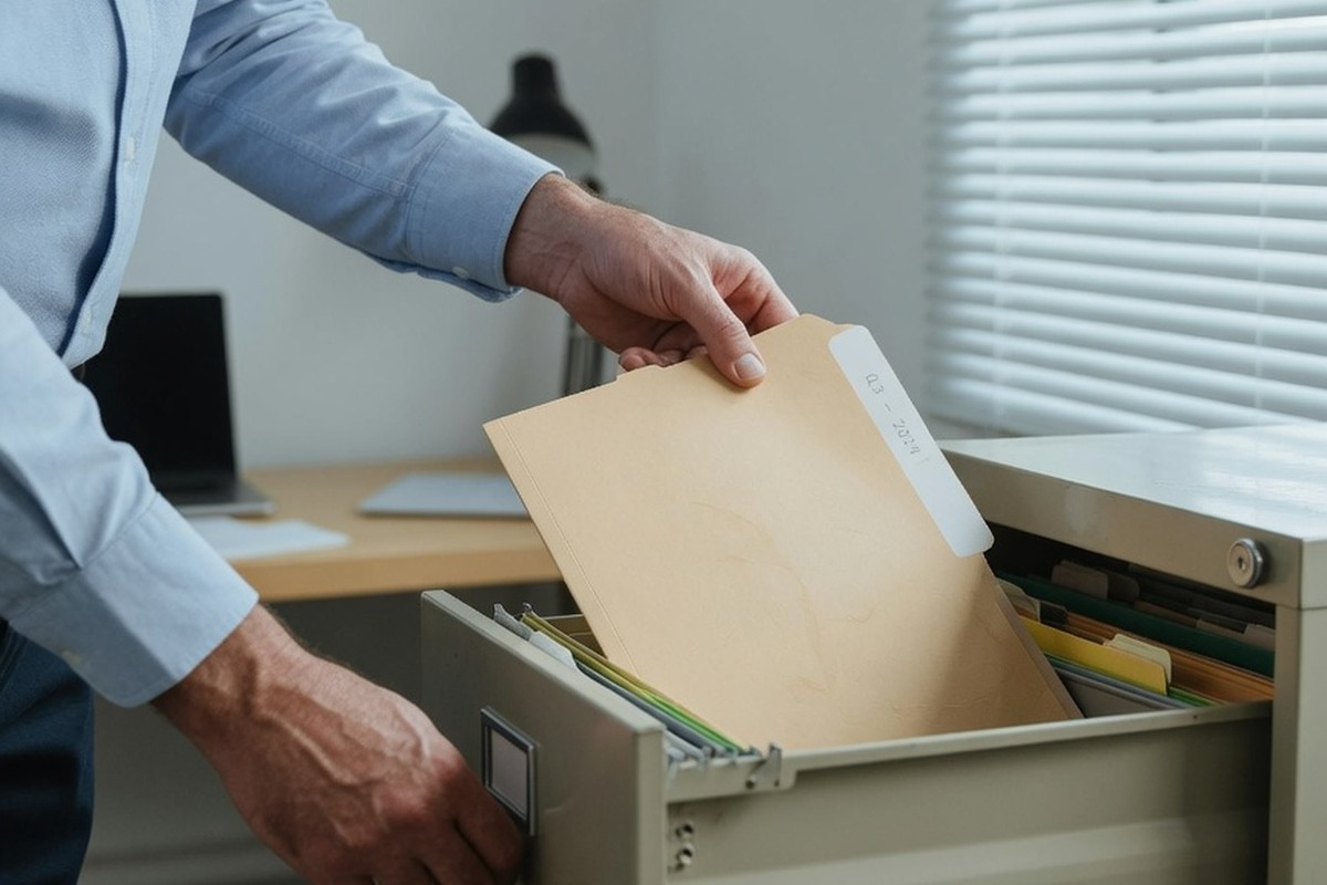 Homme mature ouvrant un tiroir de classement dans un bureau épuré
