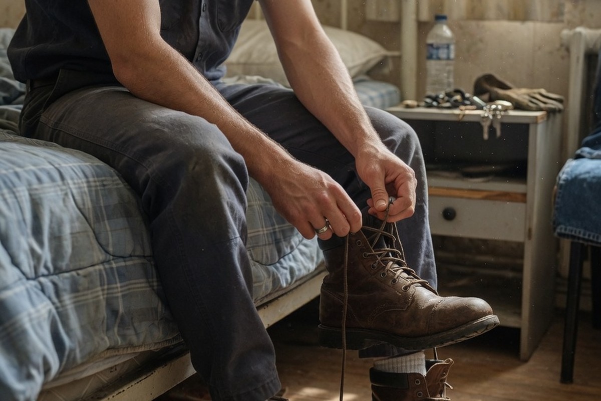 Homme en tenue de travail délaçant ses bottes dans une chambre