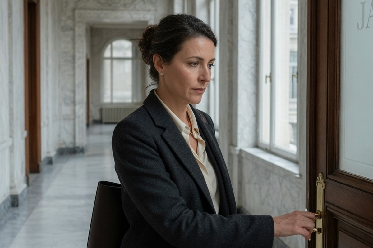 Femme dans le couloir du tribunal JAF sous lumière tamisée