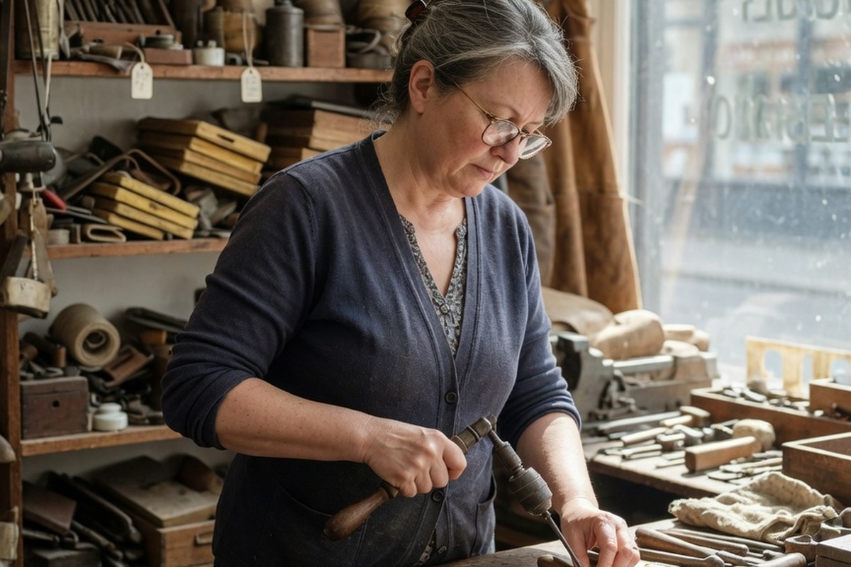 Femme arrangeant outils sur comptoir d'une boutique artisanale ancienne