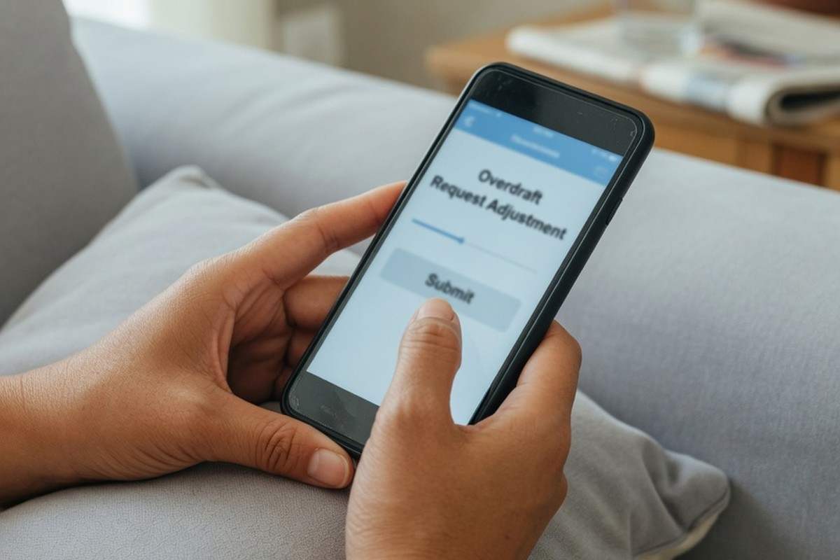 Mains tenant un smartphone sur un canapé pour une demande de découvert bancaire.