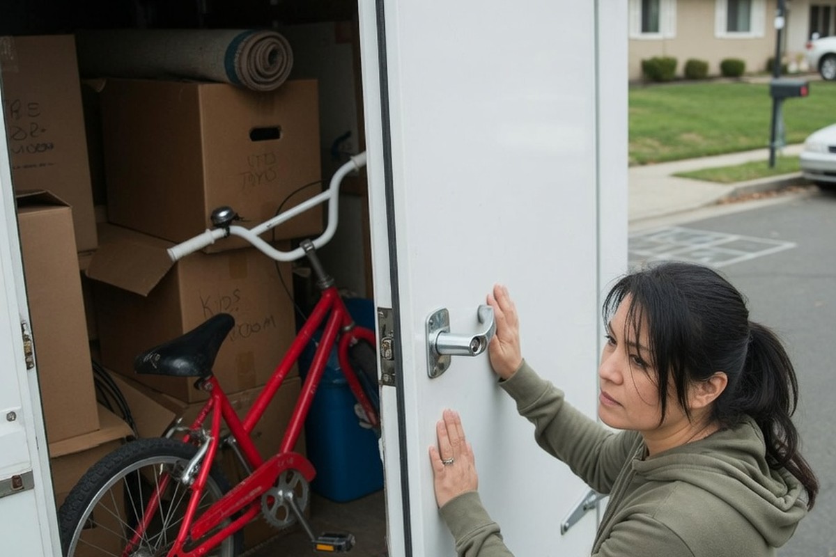 Mère fermant portes d'un fourgon de déménagement avec vélo d'enfant visible