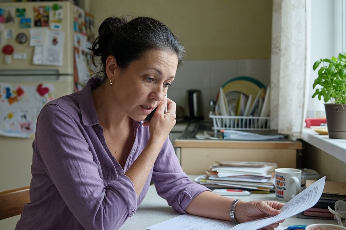 Locataire au téléphone examinant des documents dans sa cuisine