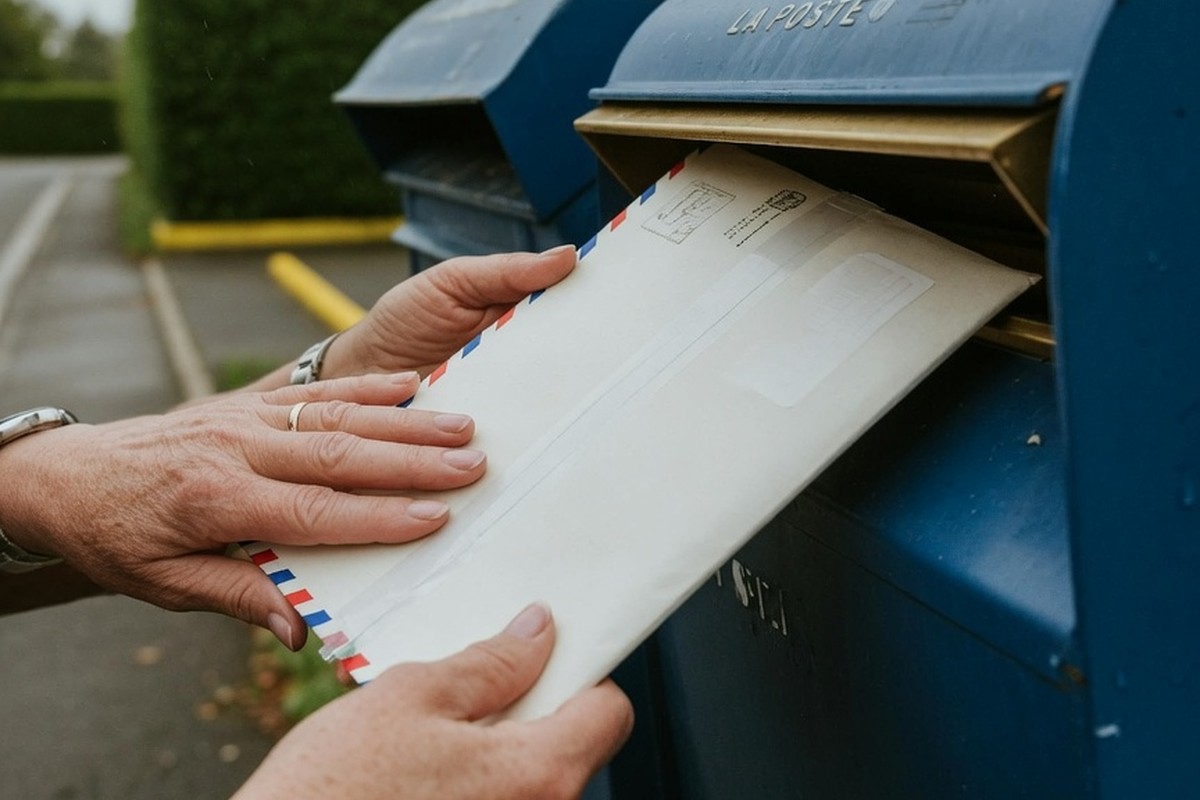 Mains insérant une enveloppe scellée dans une boîte aux lettres