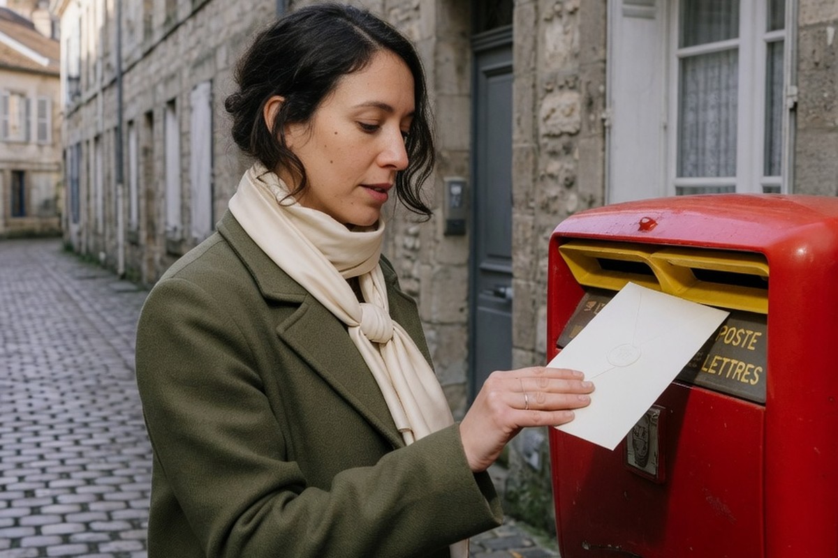 Femme déposant une enveloppe dans une boîte aux lettres rouge sur rue pavée