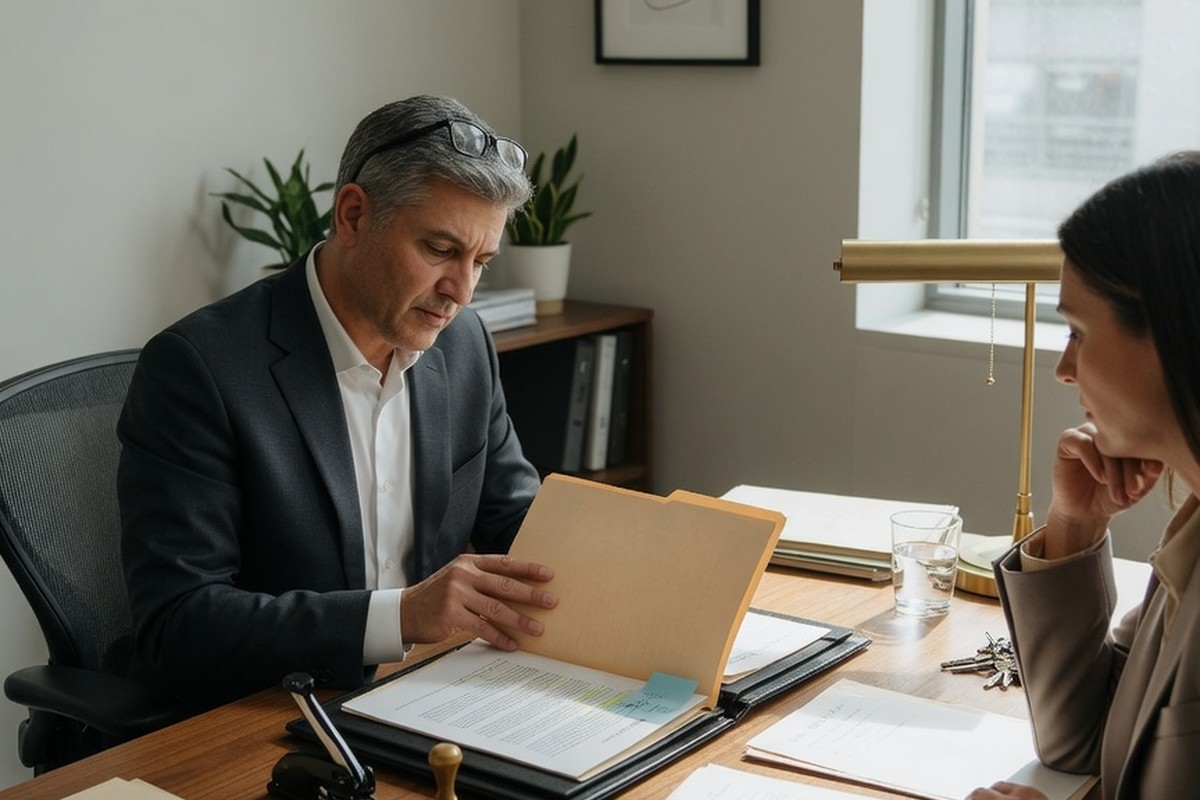 Notaire et client examinant des documents sur un bureau en bois sous lumière naturelle.