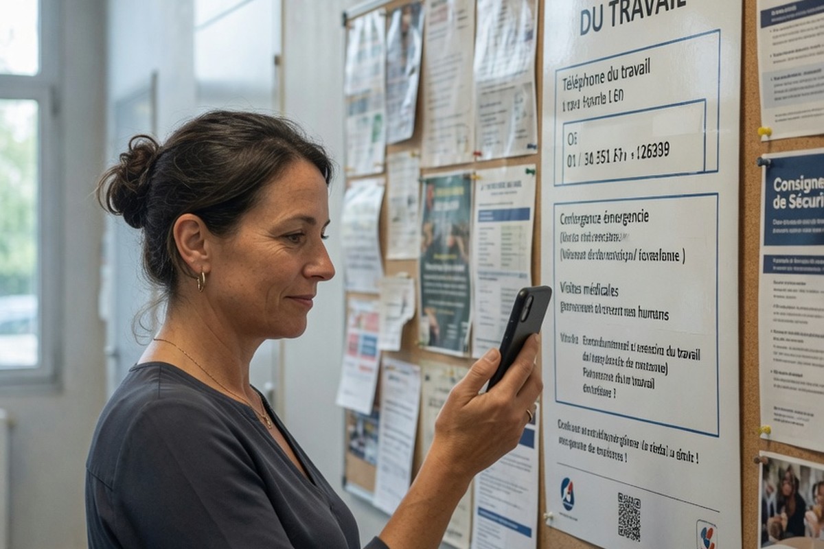 Employée consultant le panneau d'affichage obligatoire pour contacter la médecine du travail