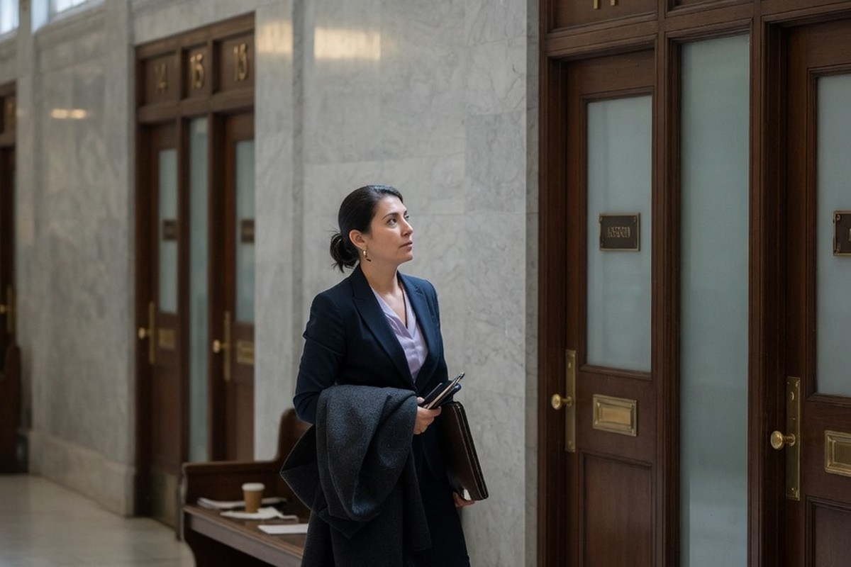 Person attendant dans le couloir du tribunal sous lumière douce