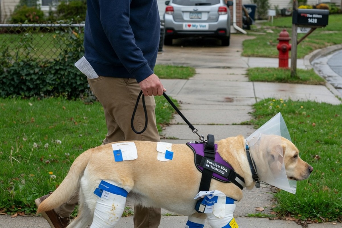 Homme marchant avec labrador bandé sur trottoir après consultation vétérinaire