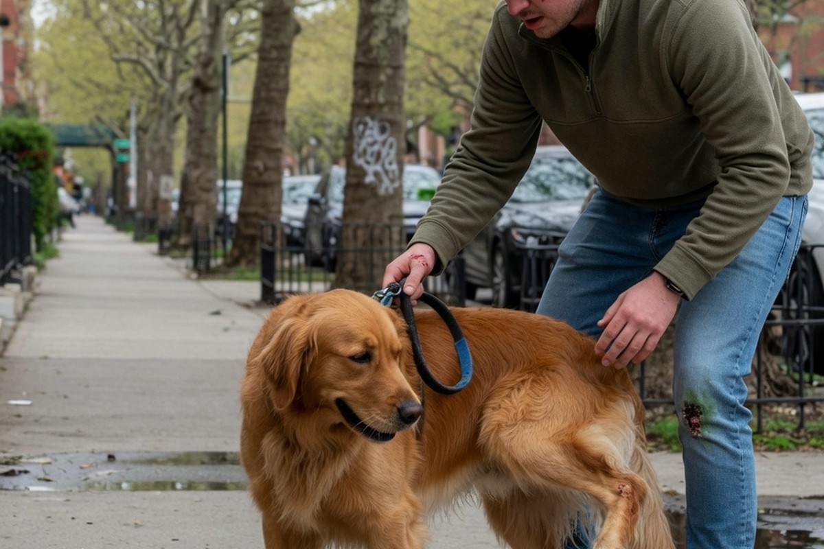 Homme marchant avec golden retriever boitant sur trottoir sous lumière douce