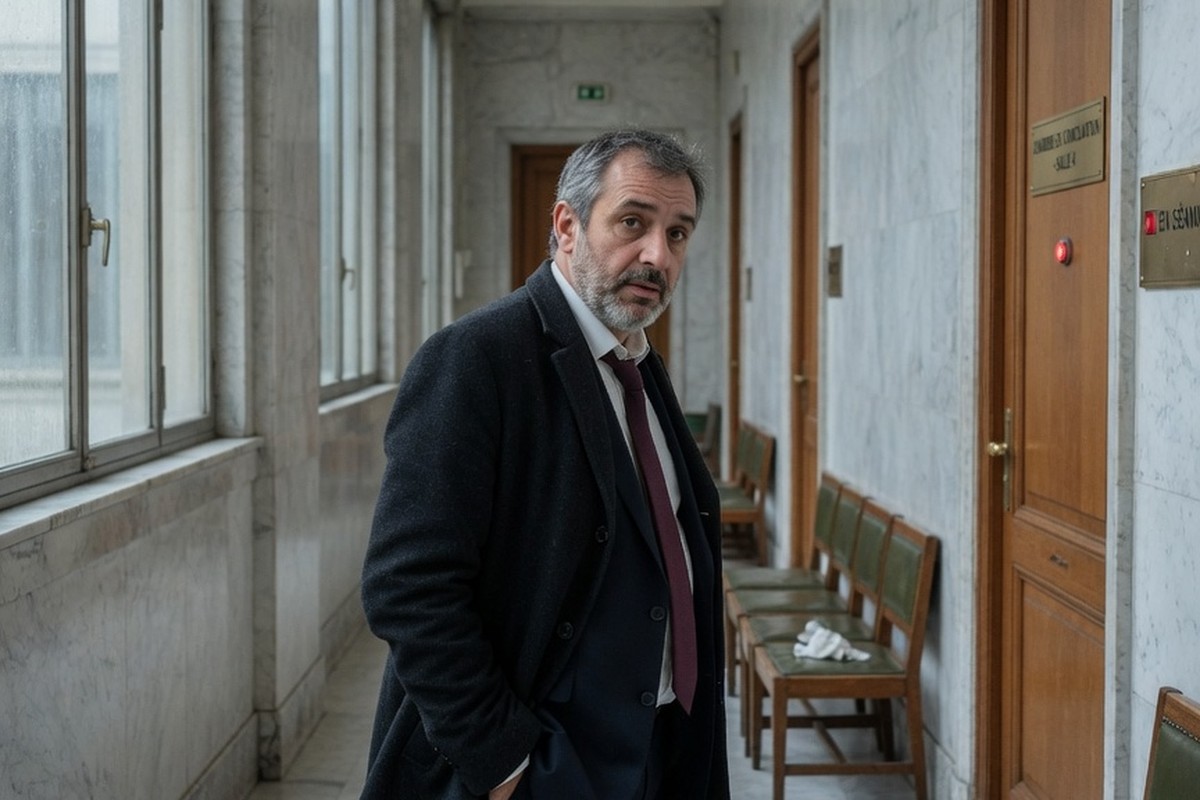 Homme attendant dans le couloir du tribunal devant une porte close