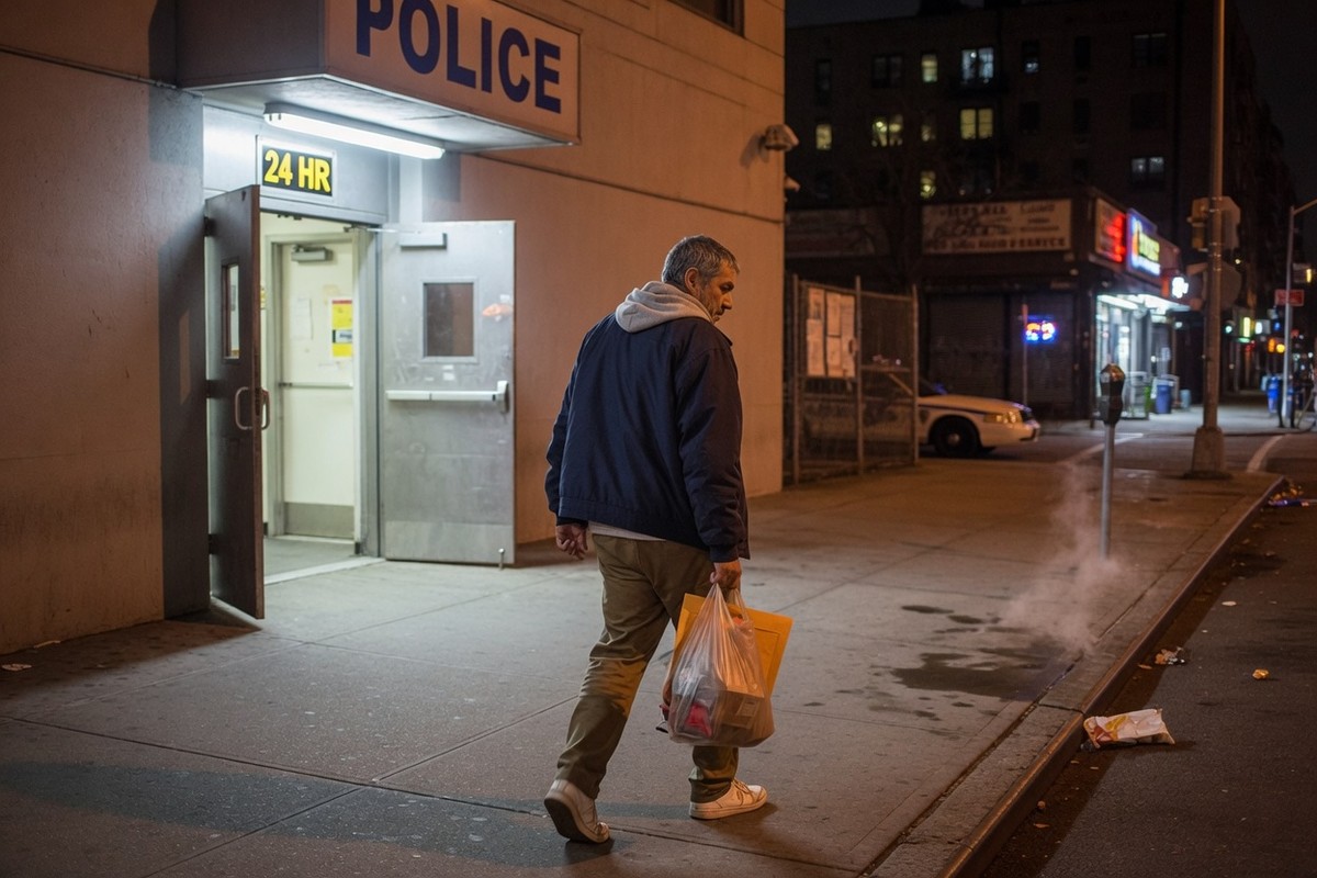 Homme quittant un commissariat la nuit avec un sac en plastique