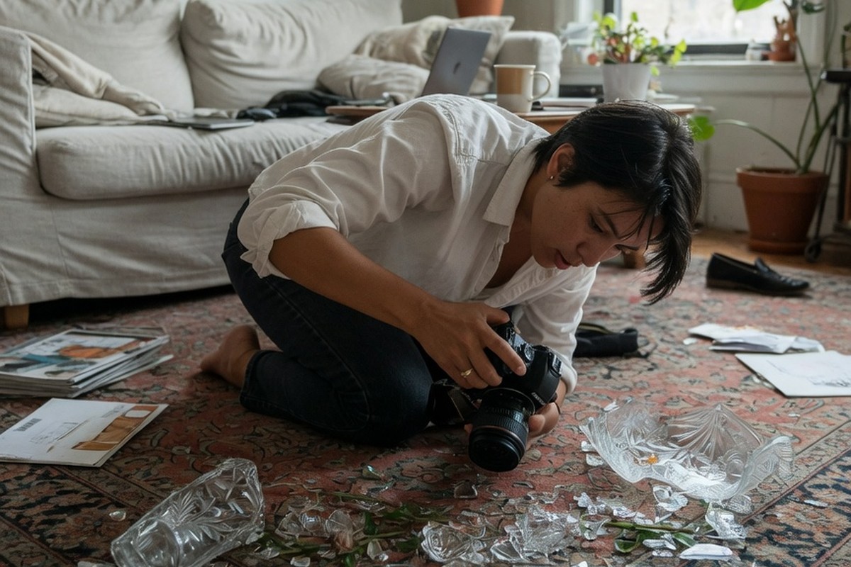 Personne photographiant éclats de vase en cristal sur tapis