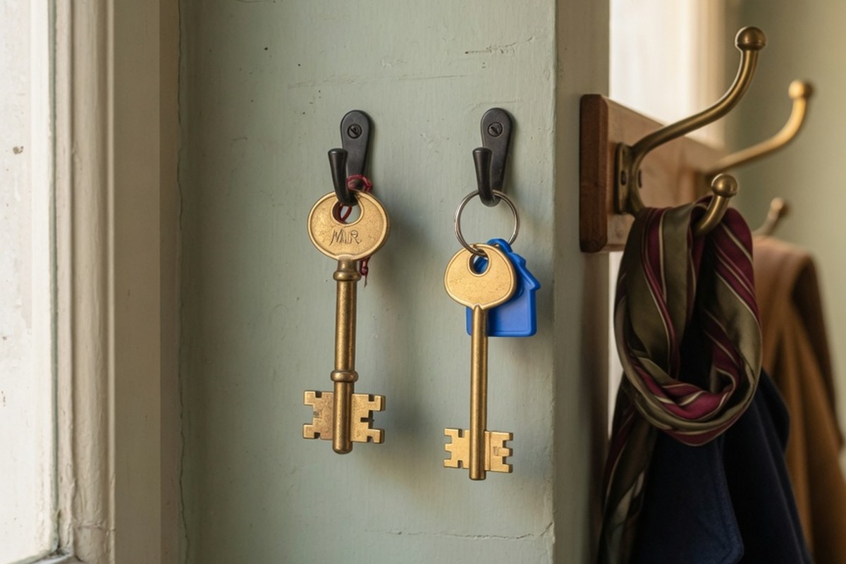 Deux clés en laiton suspendues sur des crochets distincts dans une entrée d'appartement