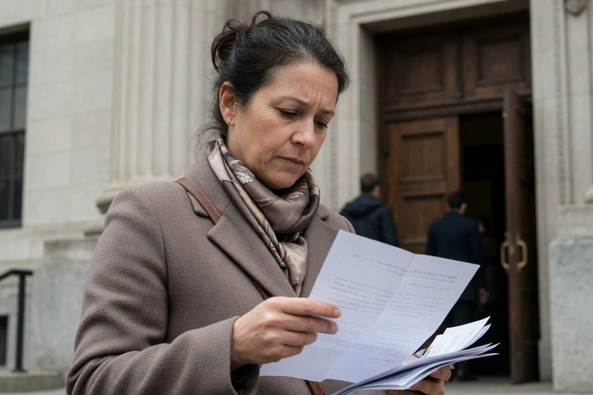 Femme devant un tribunal tenant une lettre par temps couvert