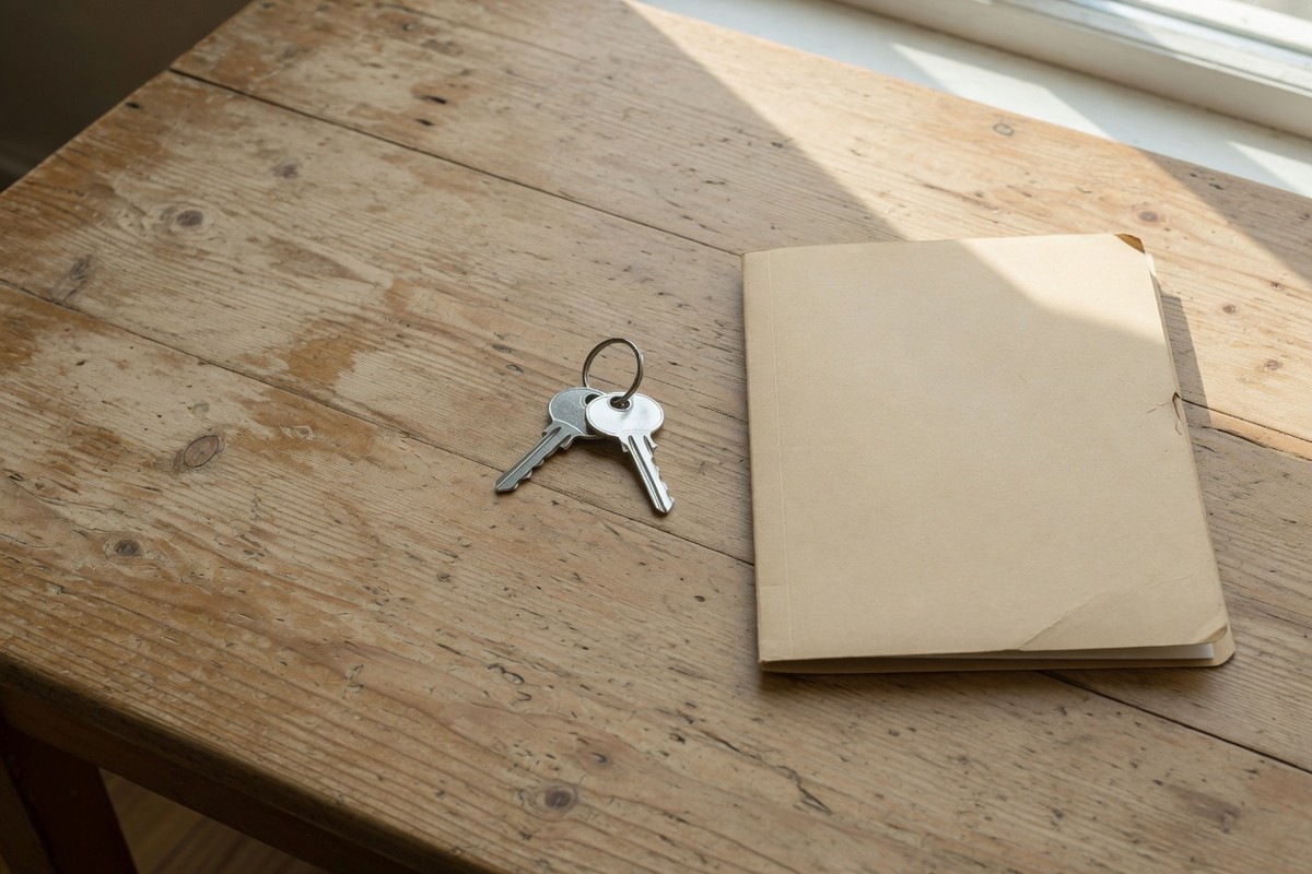 Deux clés et un dossier fermé sur une table en bois