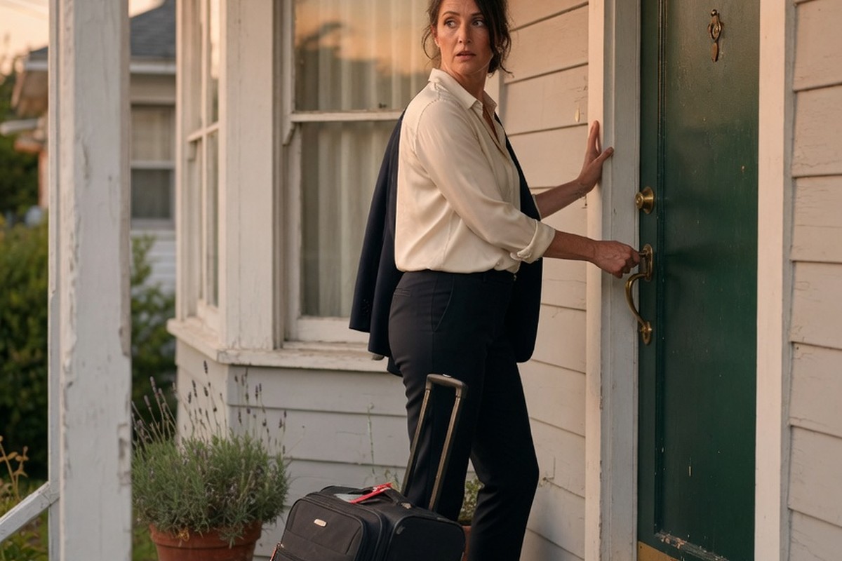 Femme verrouillant la porte d'une maison avec valise sur les marches au crépuscule