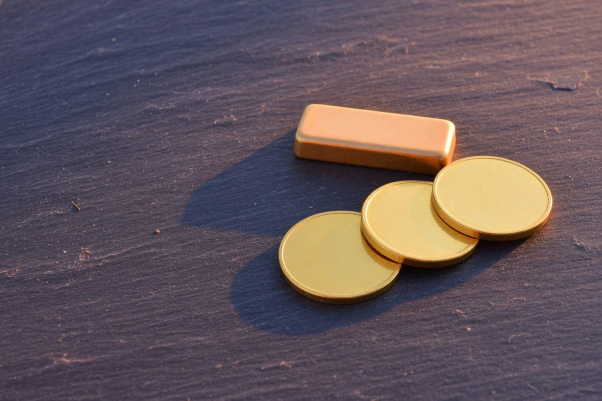 Lingot et trois pièces d'or sans inscription sur une ardoise