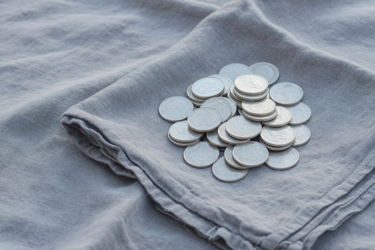 Pièces d'argent sur un linge gris