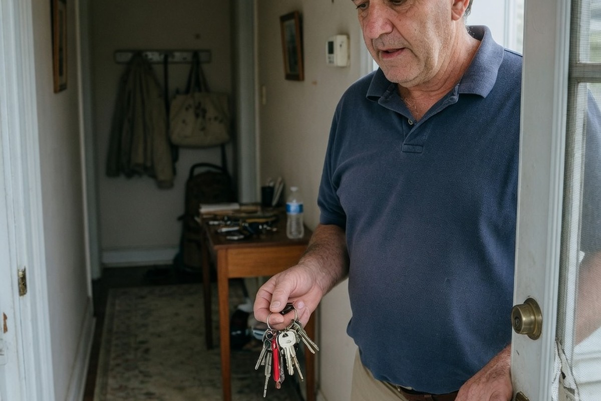 Homme tenant des clés à l'entrée d'une maison familiale