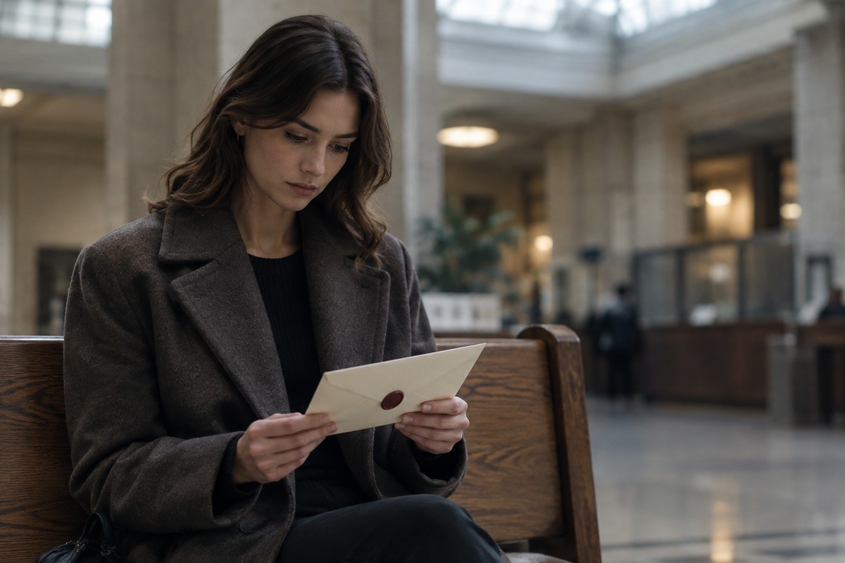 Héritière tenant une enveloppe notariale scellée dans un hall fiscal baigné de lumière douce